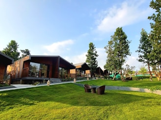 a grassy area with benches and trees in the background
