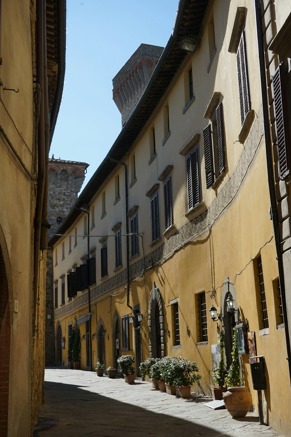 a narrow street lined with buildings and potted plants