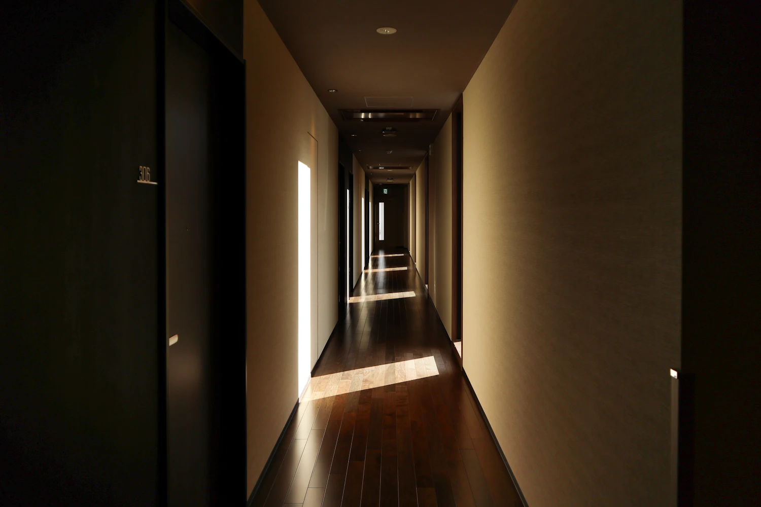 A corridor with a wooden floor cut into bands by light from the side windows