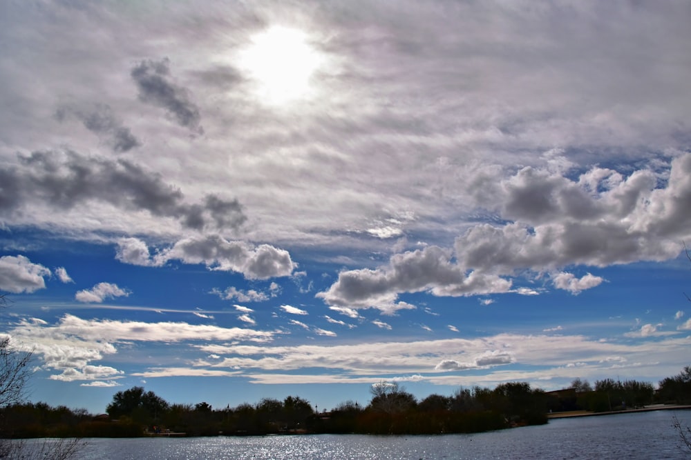 a body of water surrounded by trees and clouds