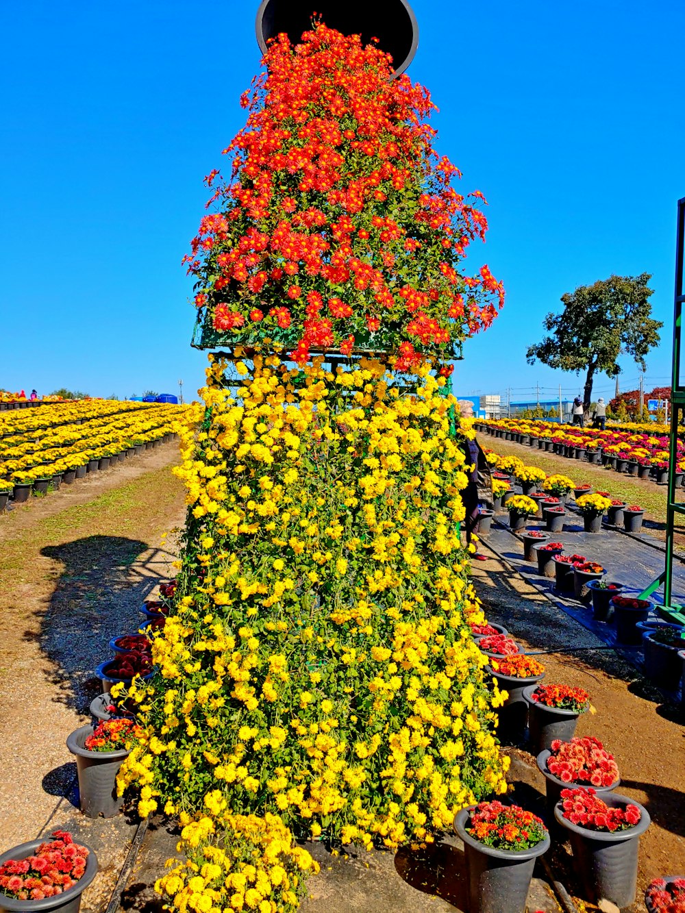 a tall tower of flowers in a field