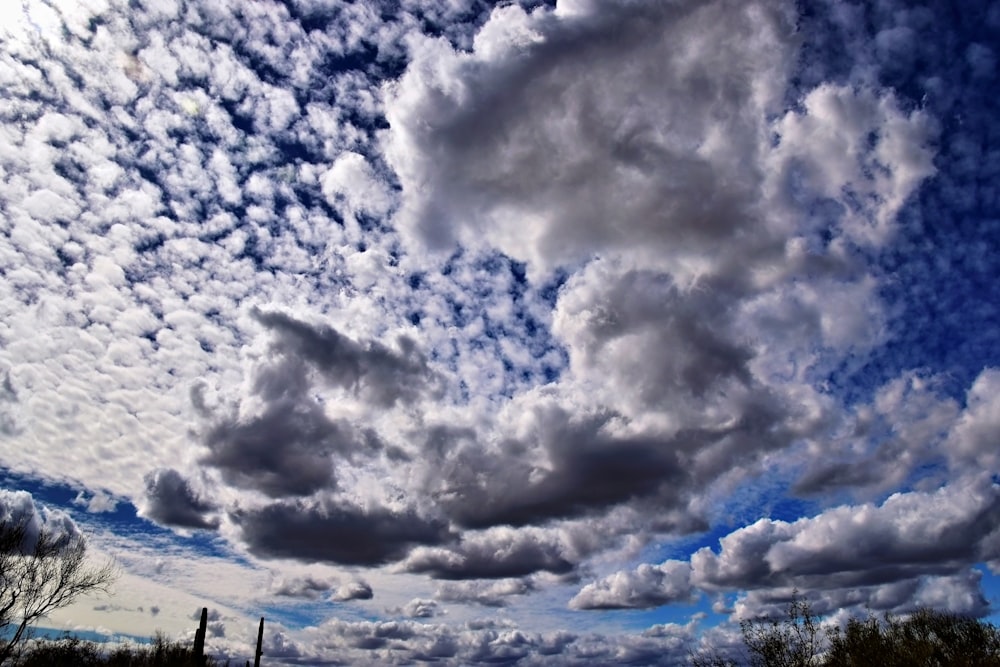 the sky is full of clouds and trees