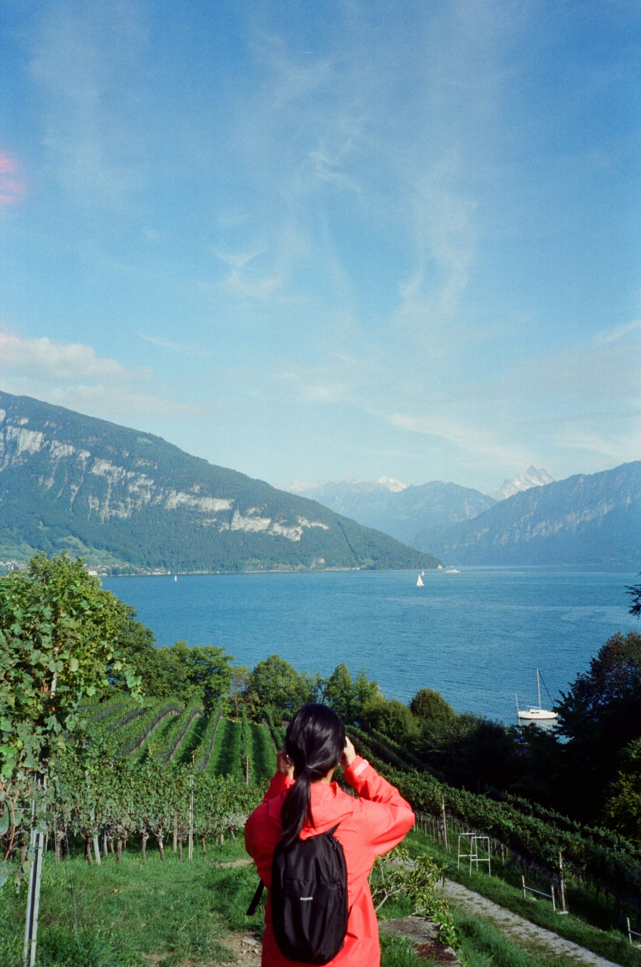 a person in a red jacket is taking a picture of a lake