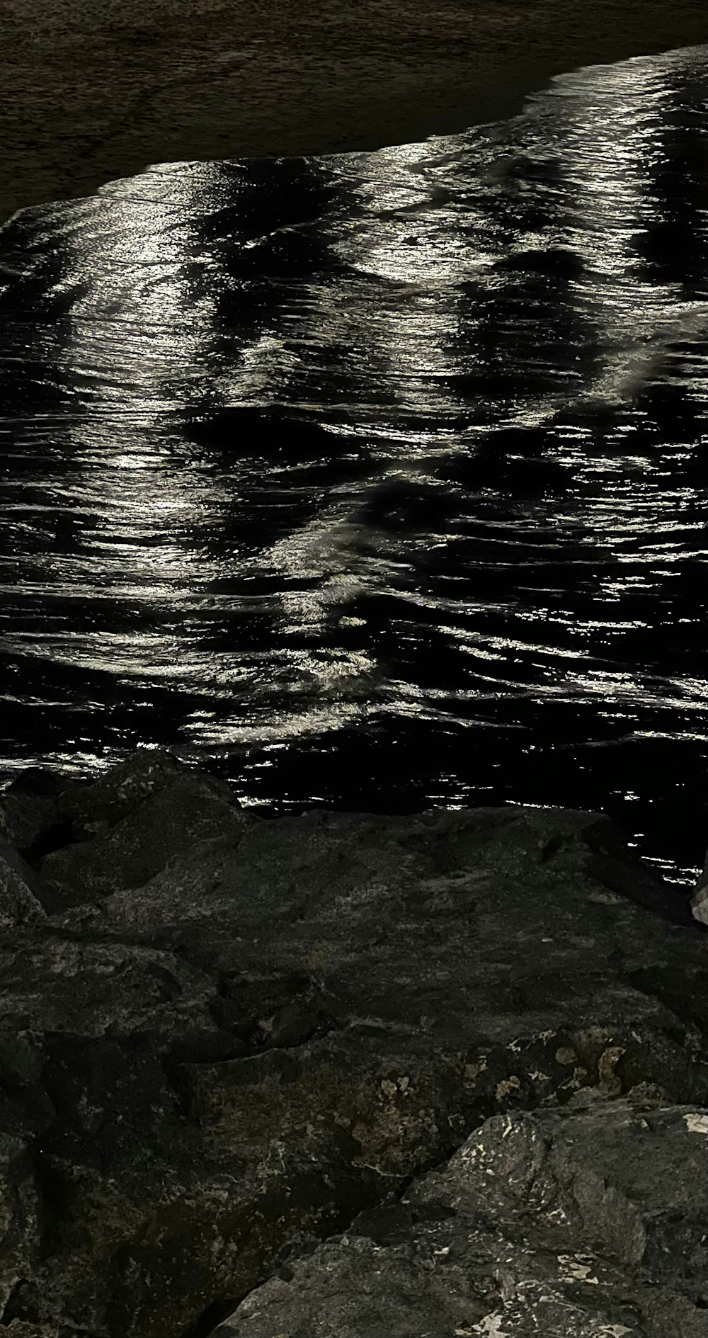 a black and white photo of water and rocks