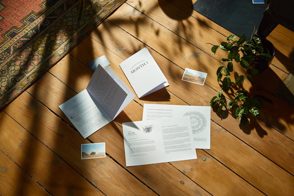 a table topped with lots of papers and a potted plant