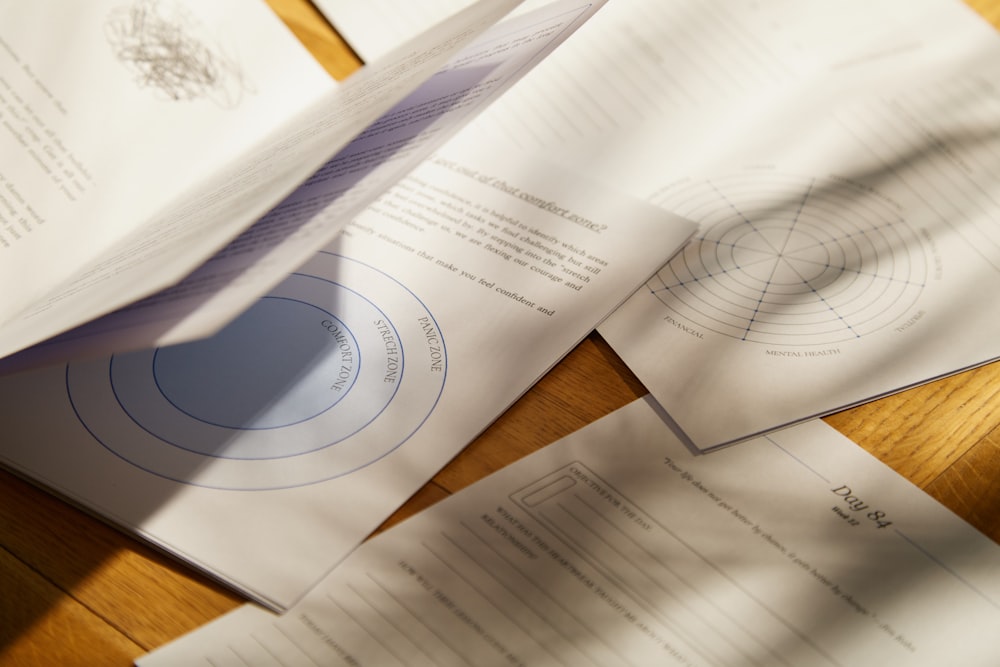 a close up of papers on a wooden table