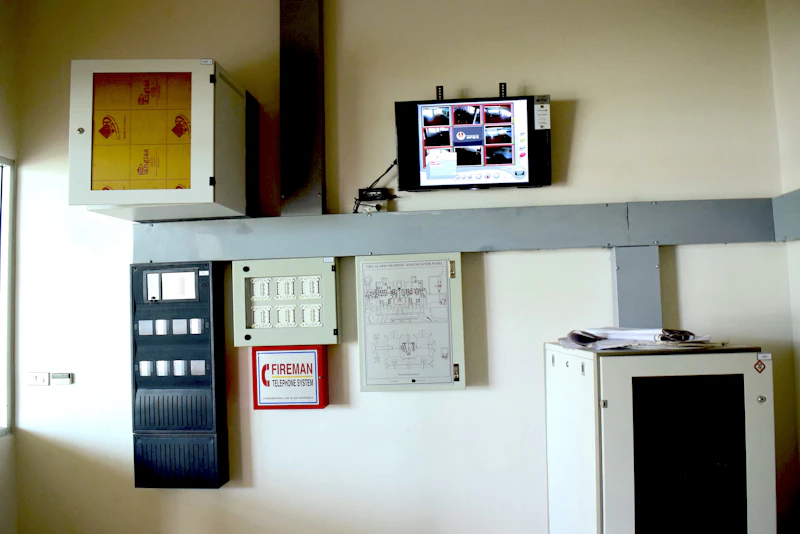 Wall-mounted monitor showing a multi-camera CCTV grid in a control room