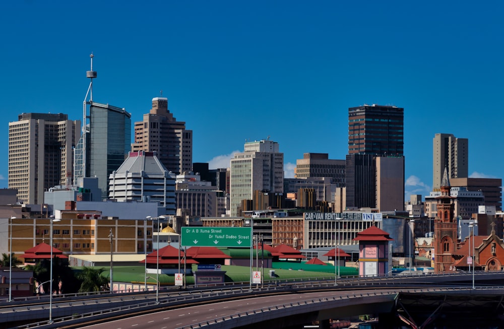 a view of a city with a freeway going through it