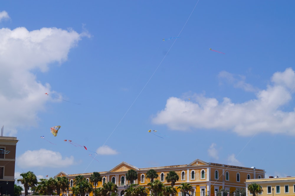 a group of people flying kites on a sunny day