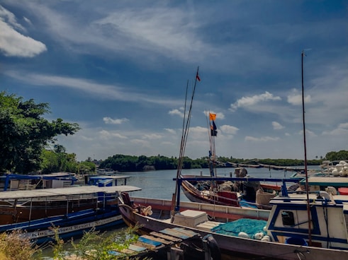 a group of boats sitting next to each other on a river
