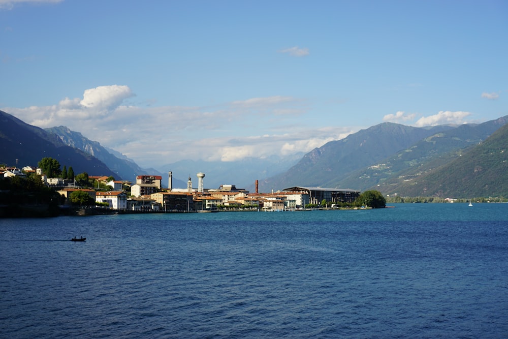 a body of water surrounded by mountains and a town