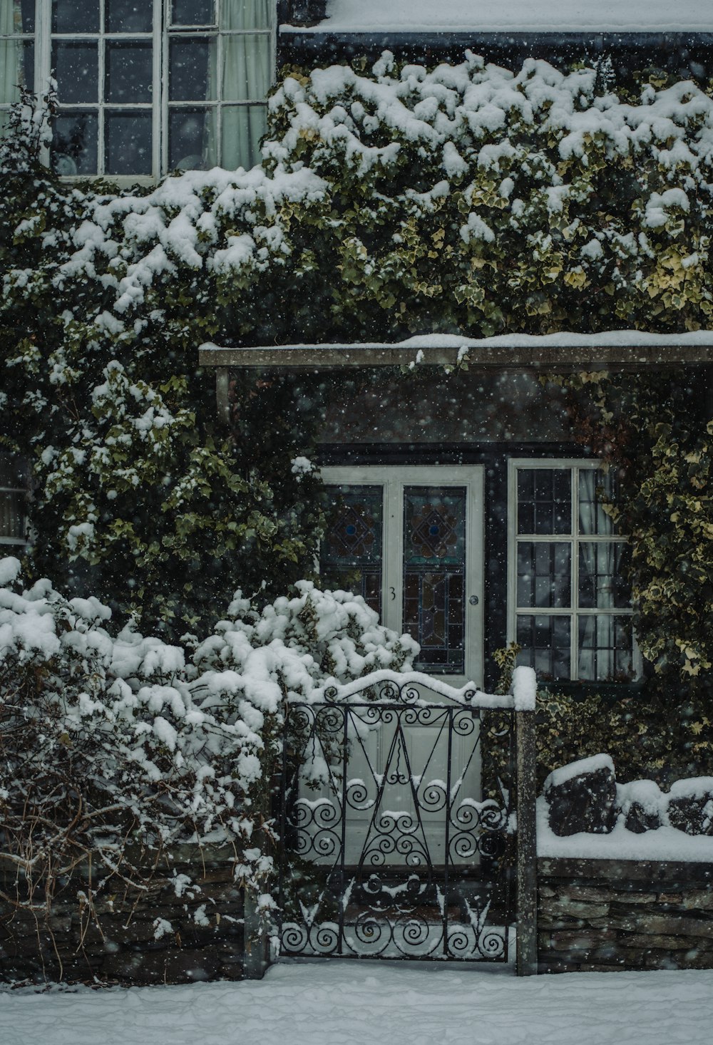 a house covered in snow next to a gate