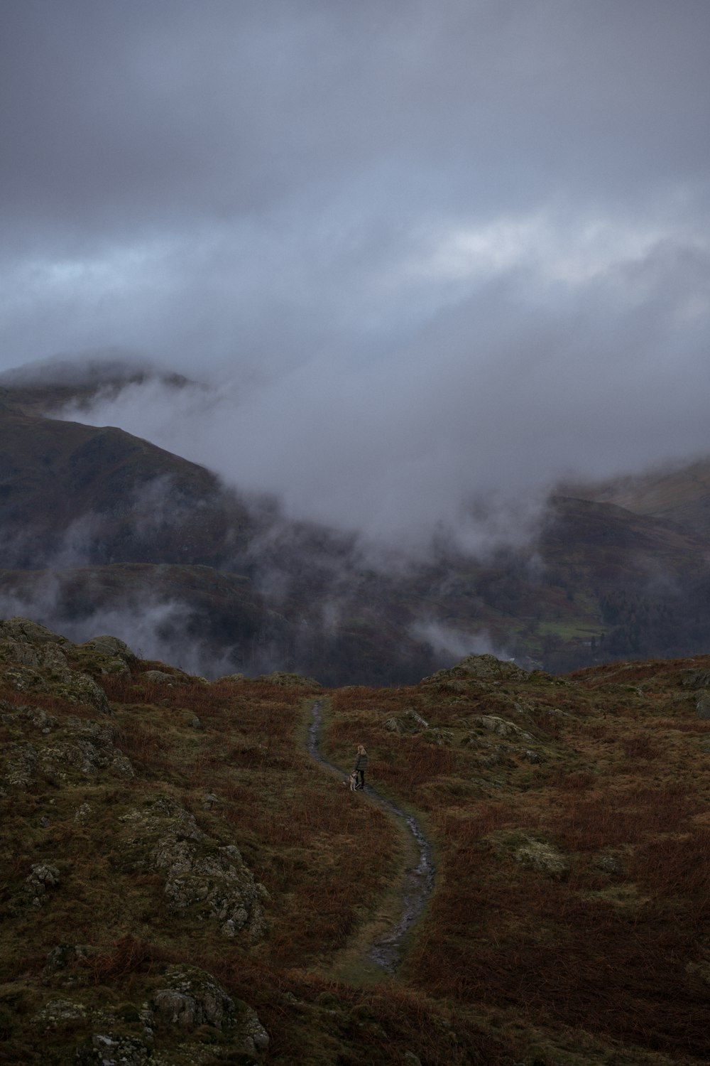 a person walking on a trail in the mountains