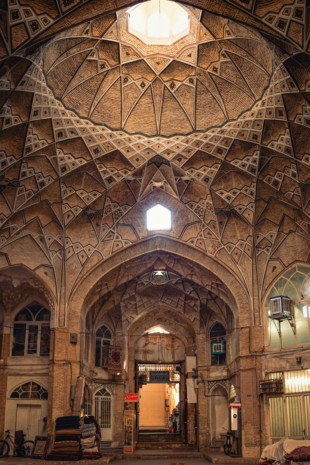 the inside of a large building with a skylight