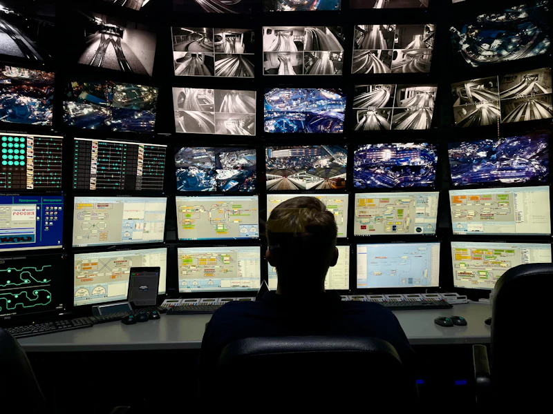 Opérateur devant un mur d'écrans de surveillance