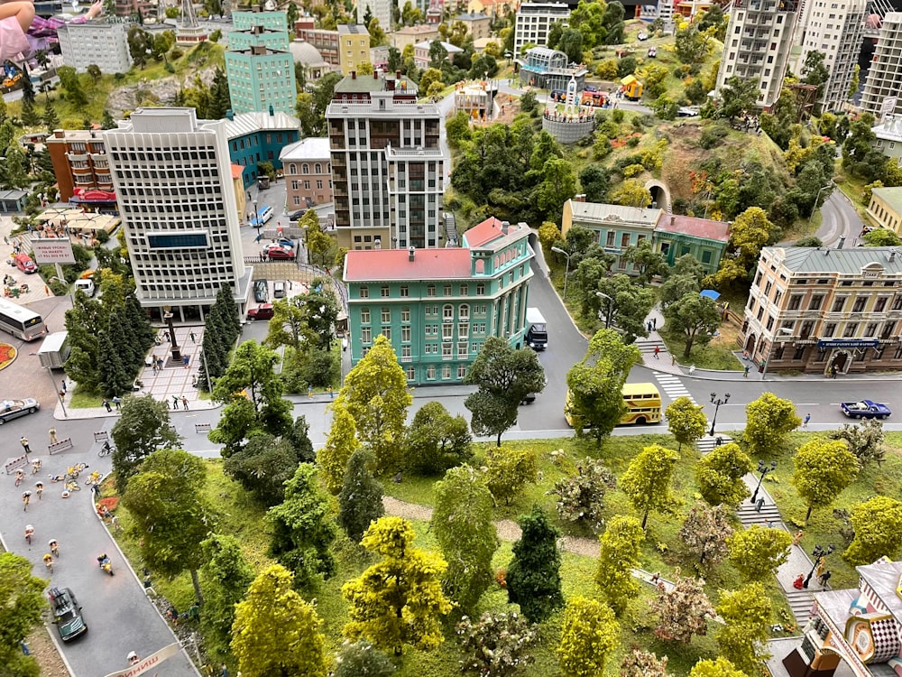 a model of a city with trees and buildings