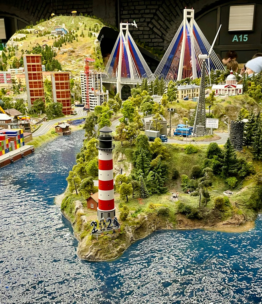 a model of a lighthouse on a small island