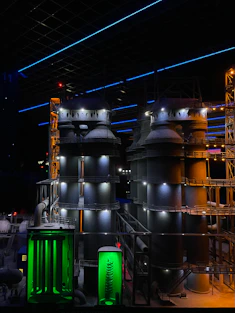 a factory with a lot of tanks and lights