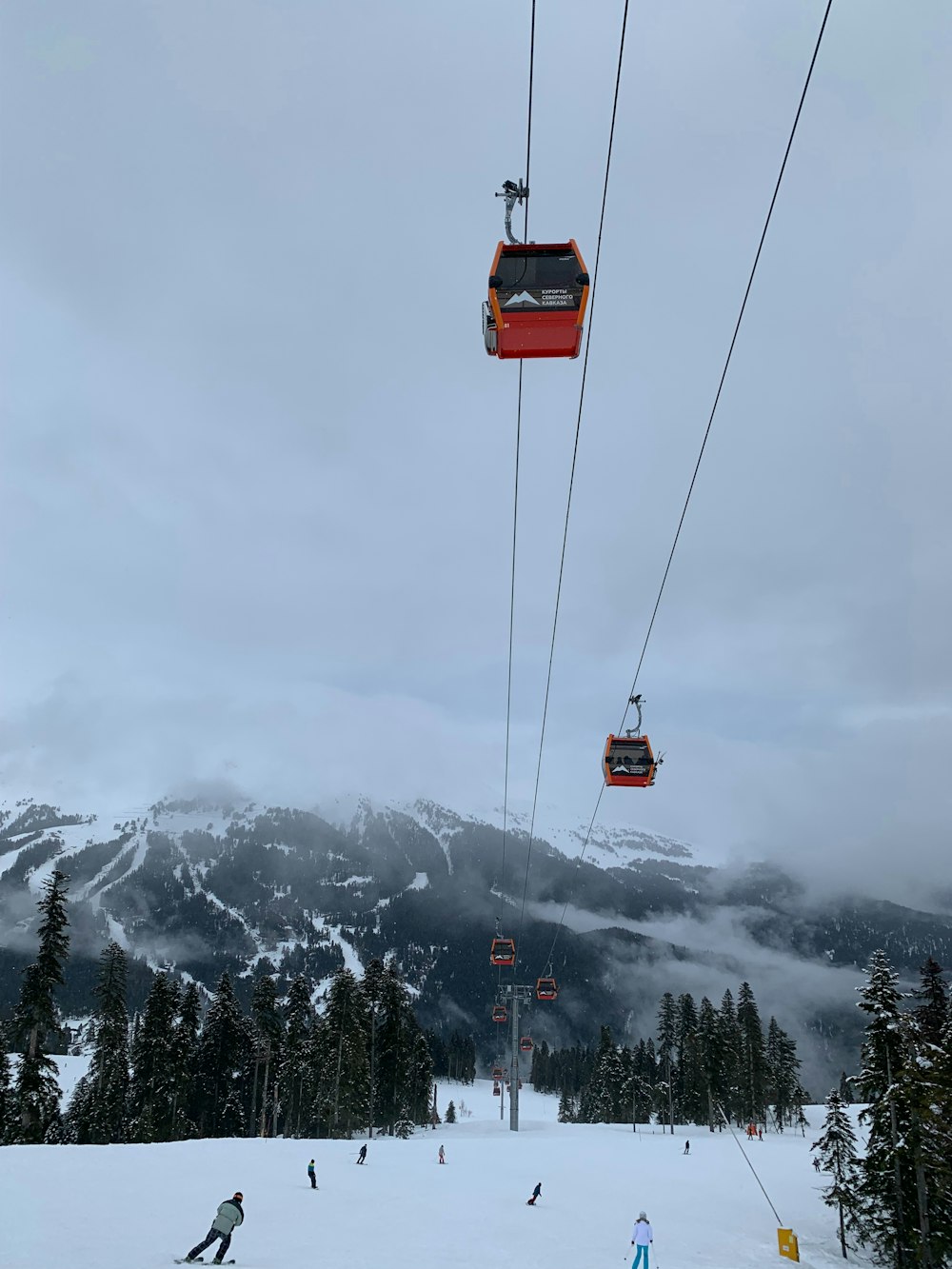 a couple of people riding skis on top of a snow covered slope