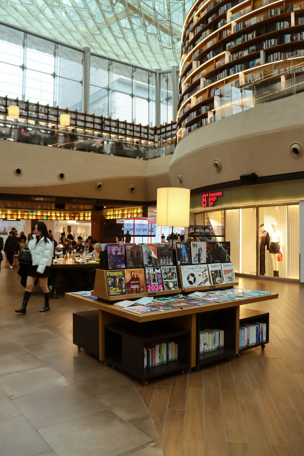 a group of people walking around a library