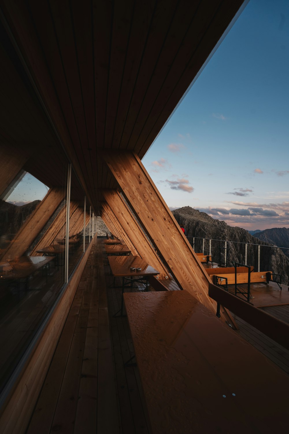 a view of a wooden structure with a sky background