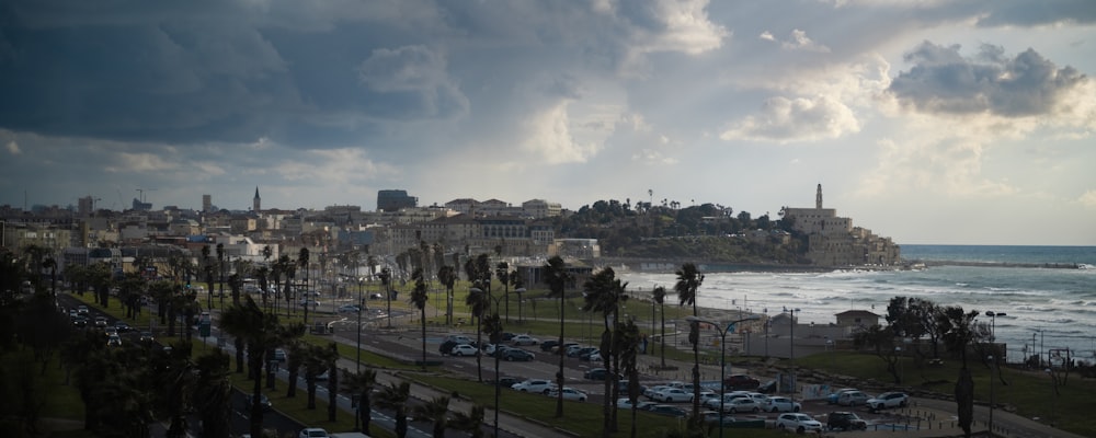 a view of a beach with a city in the background