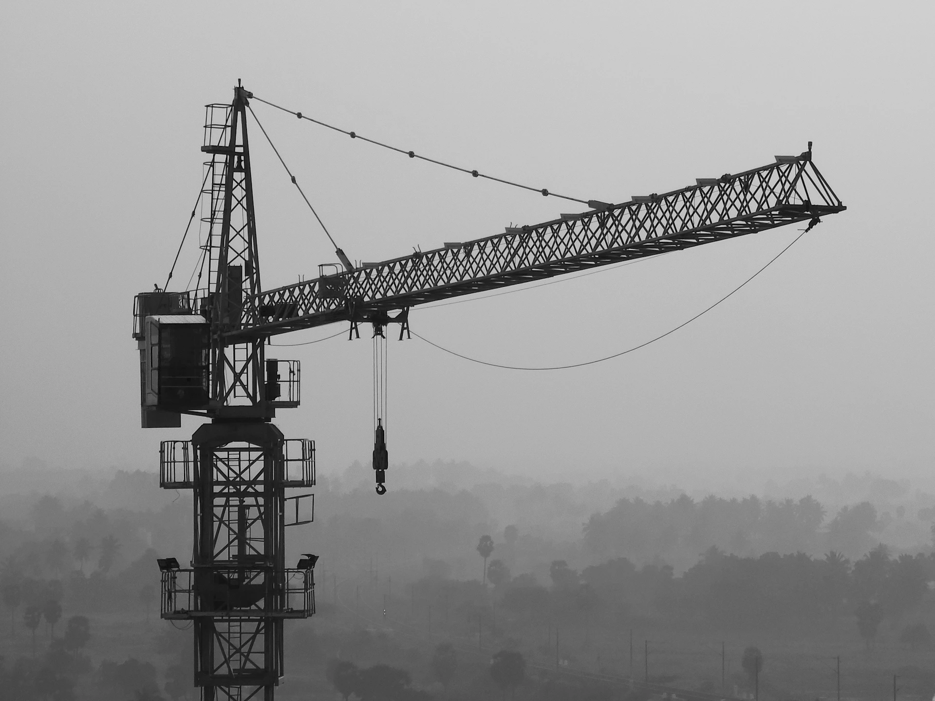 a black and white photo of a crane