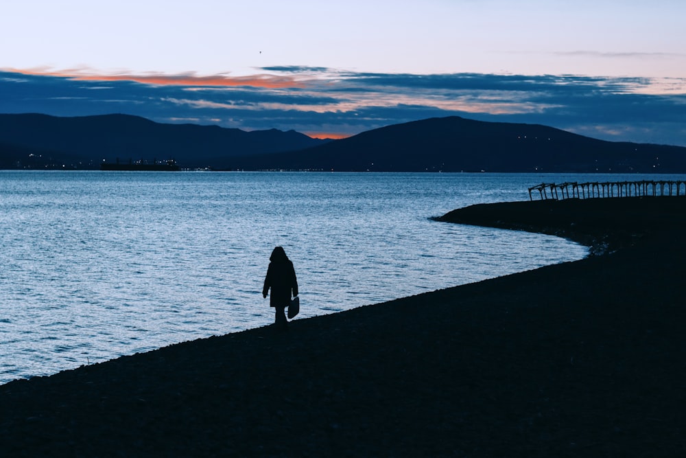 eine Person, die an einem Strand neben einem Gewässer steht