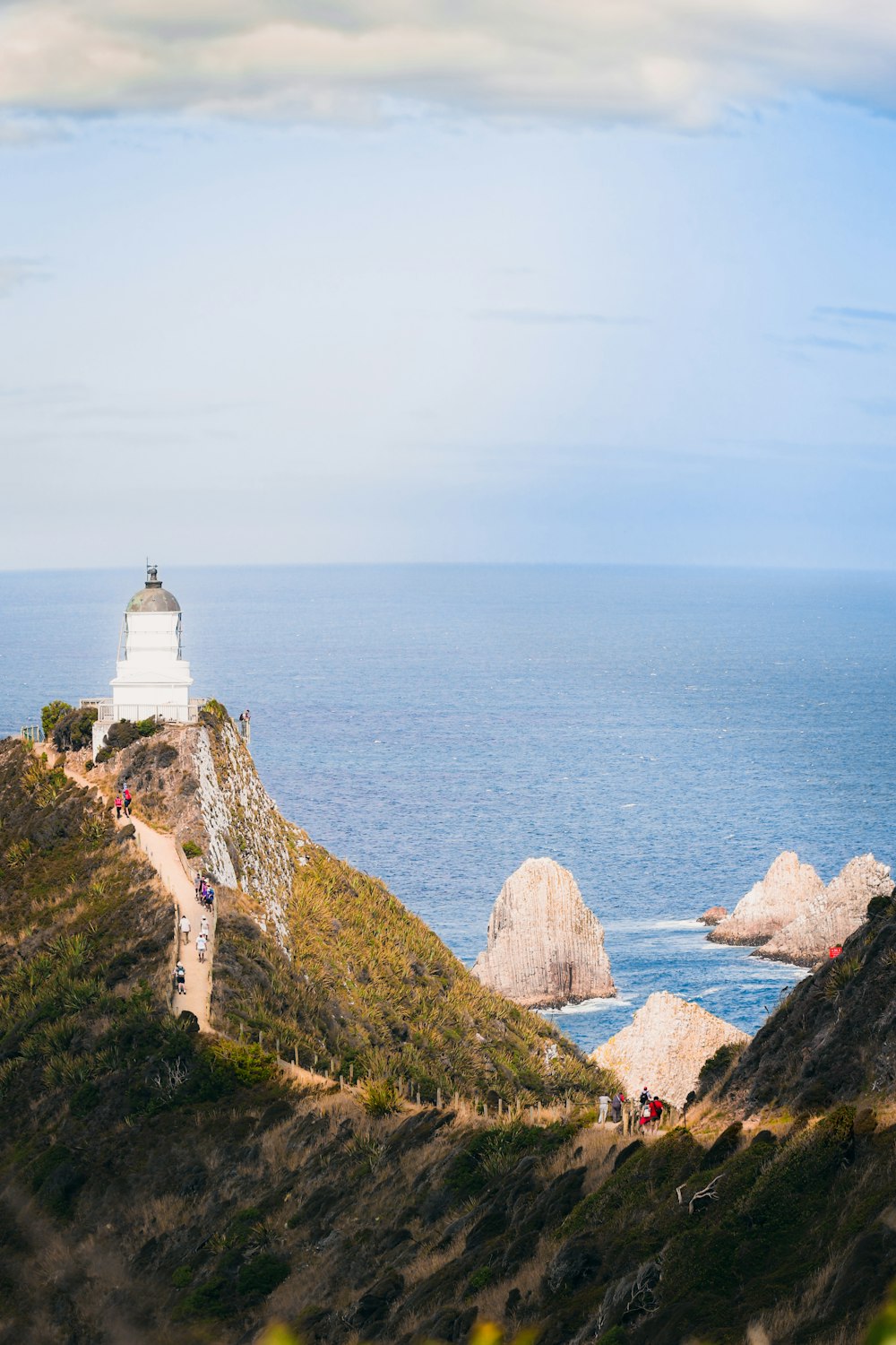 a lighthouse on top of a hill near the ocean