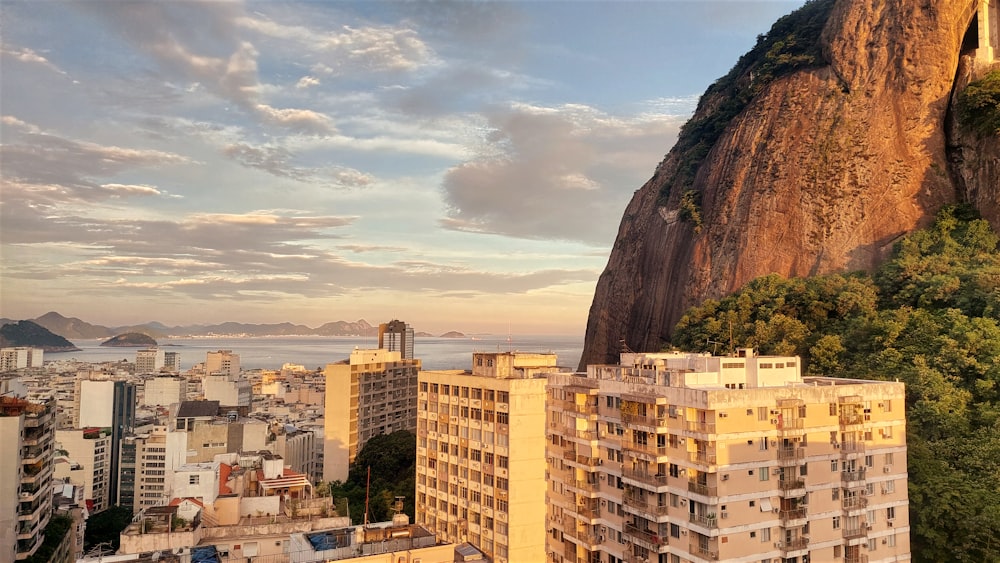 a view of a city with a mountain in the background