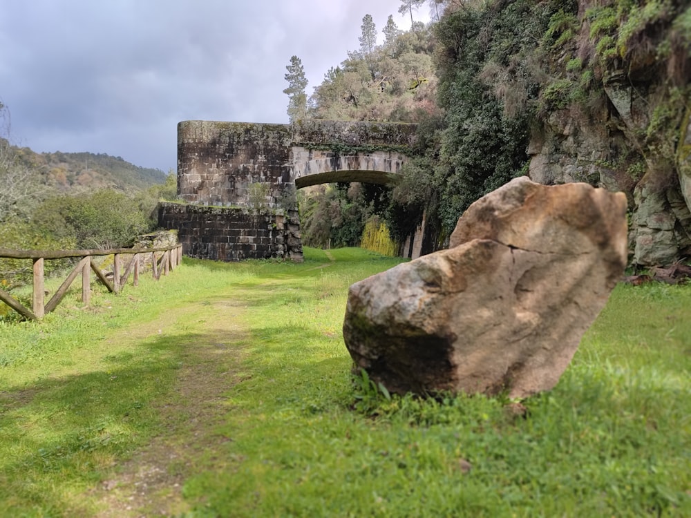 a large rock sitting on top of a lush green field