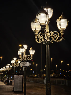 a lamp post with a bunch of lights on top of it