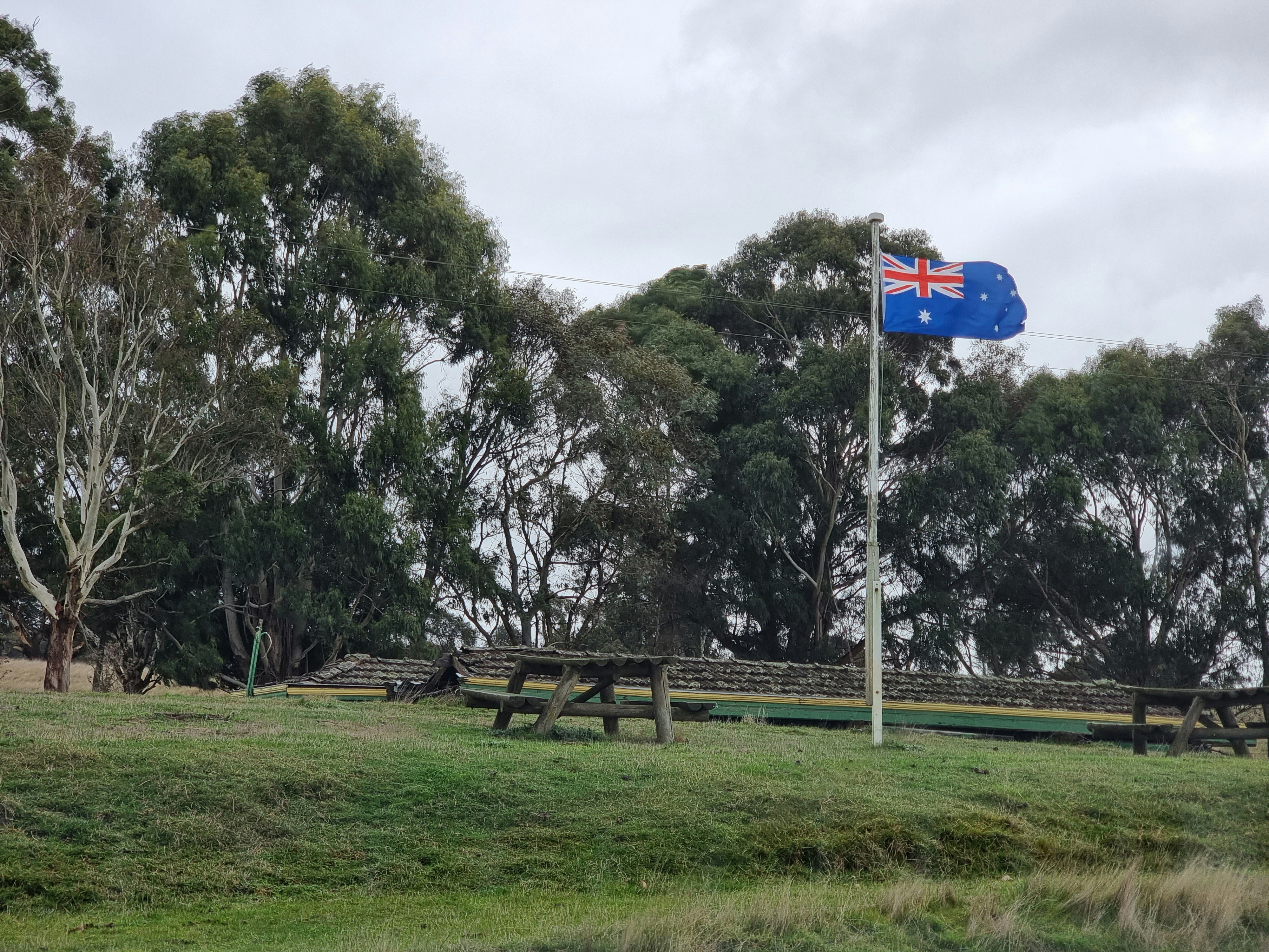 a flag flying in the wind on top of a lush green field