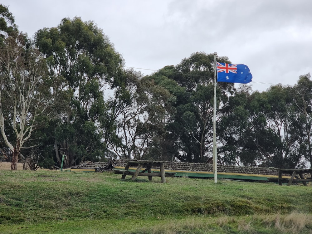 a flag flying in the wind on top of a lush green field