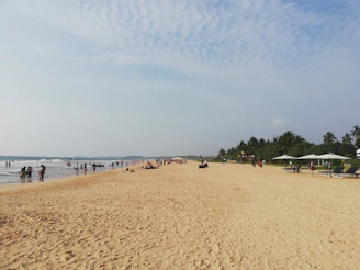 a group of people standing on top of a sandy beach