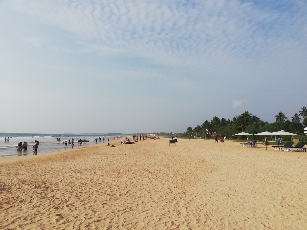 a group of people standing on top of a sandy beach