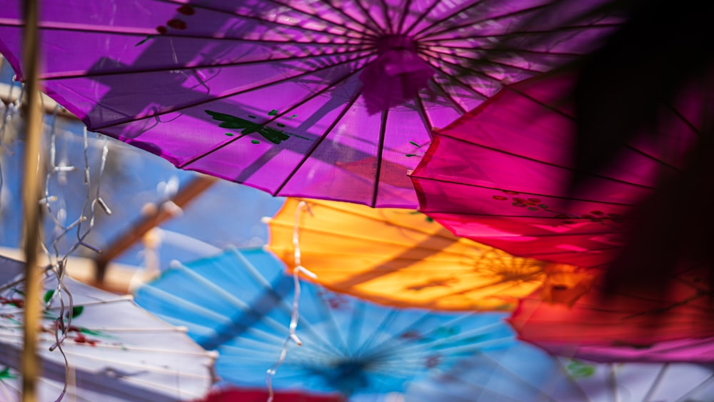 a group of colorful umbrellas hanging from a ceiling