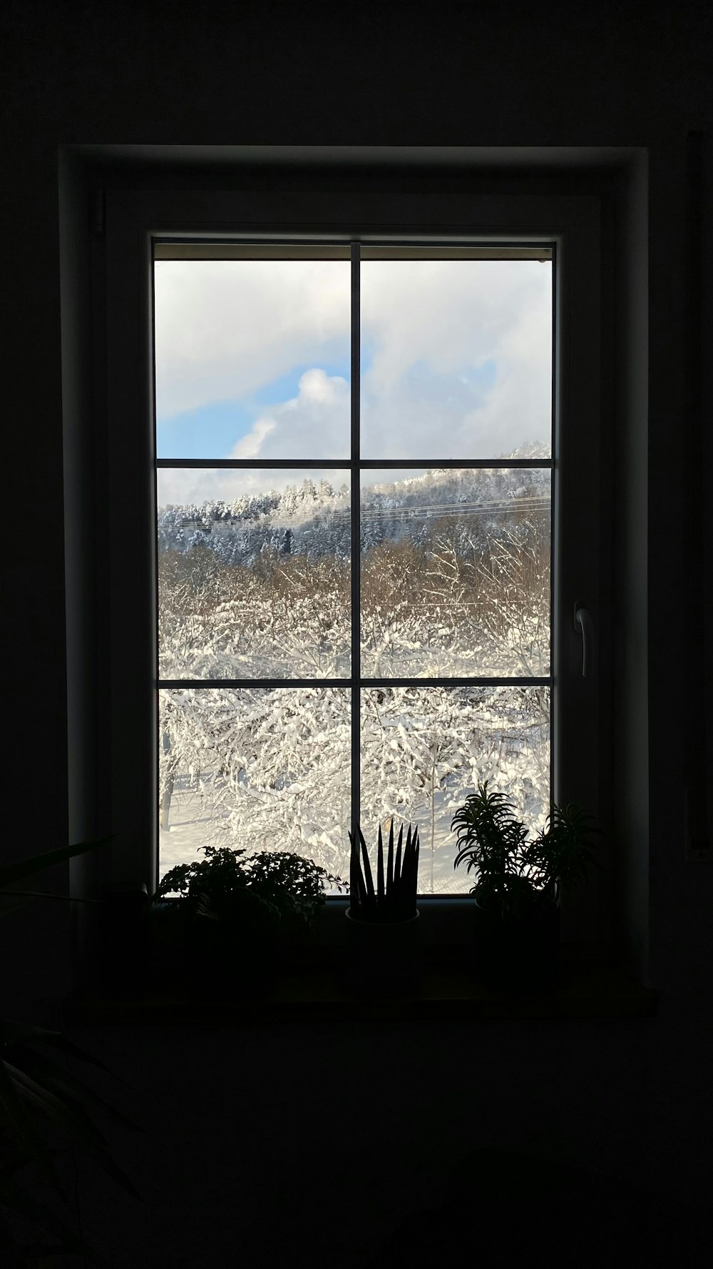 a window with a view of a snowy mountain