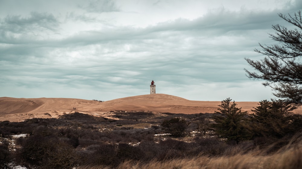 a lighthouse on top of a hill surrounded by trees