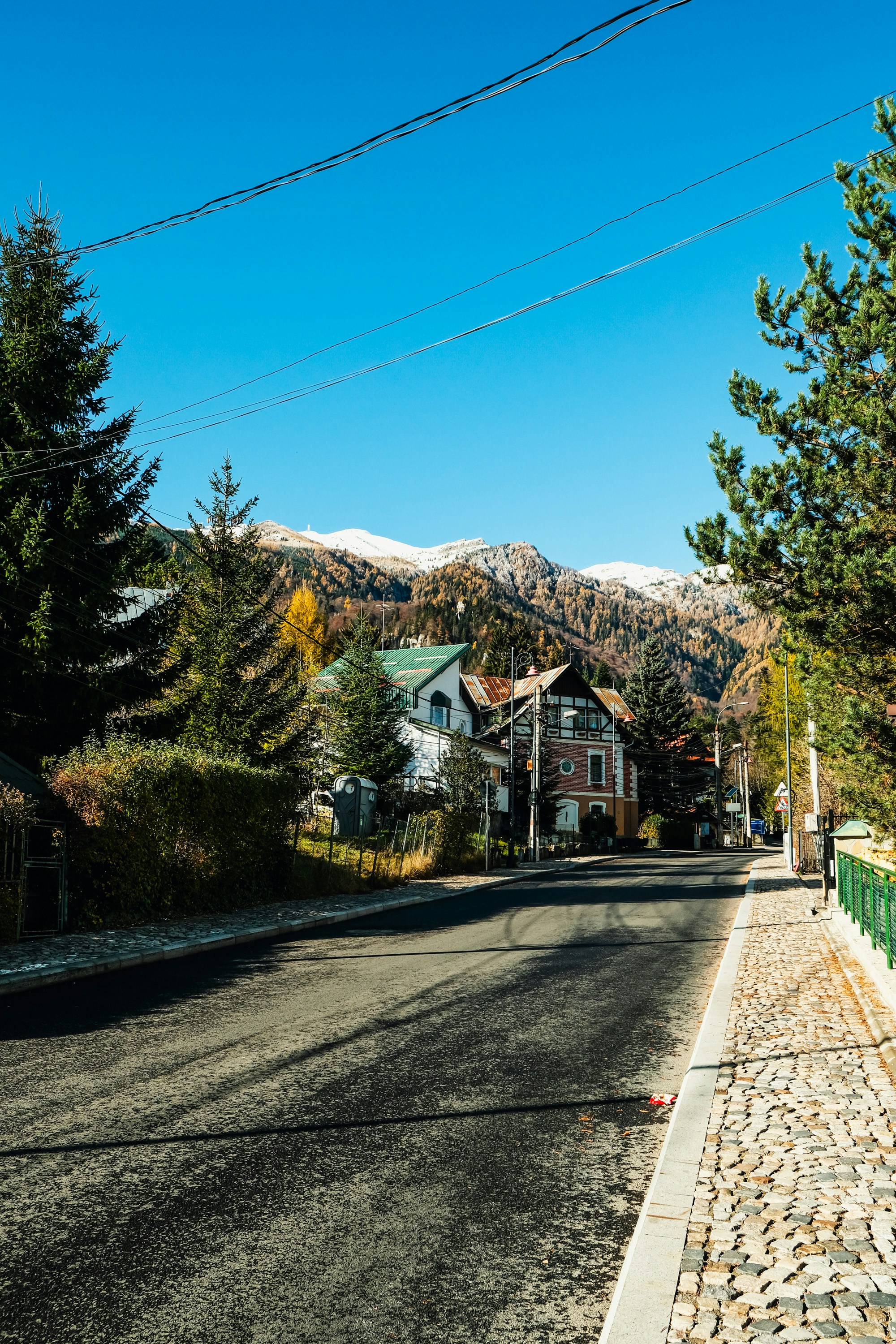 a street with a mountain in the background