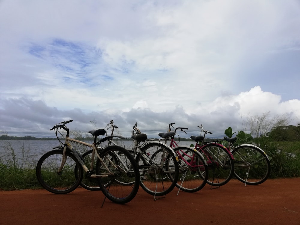 a group of bikes parked next to each other on a dirt road