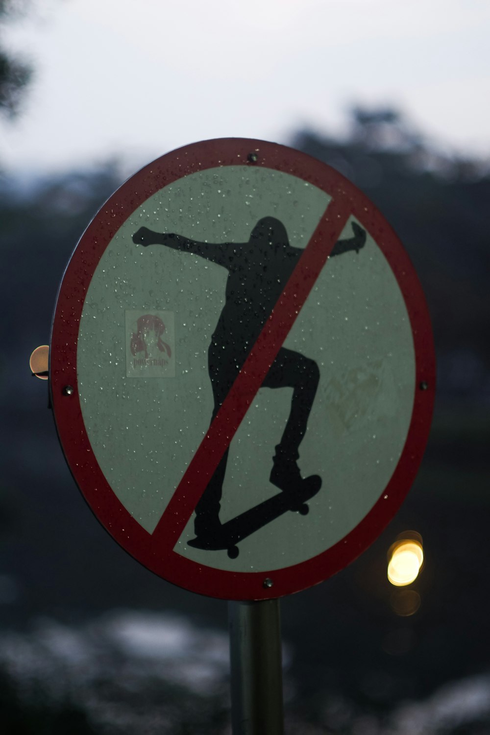 Ein Schild "Skateboarden verboten" an einer Stange