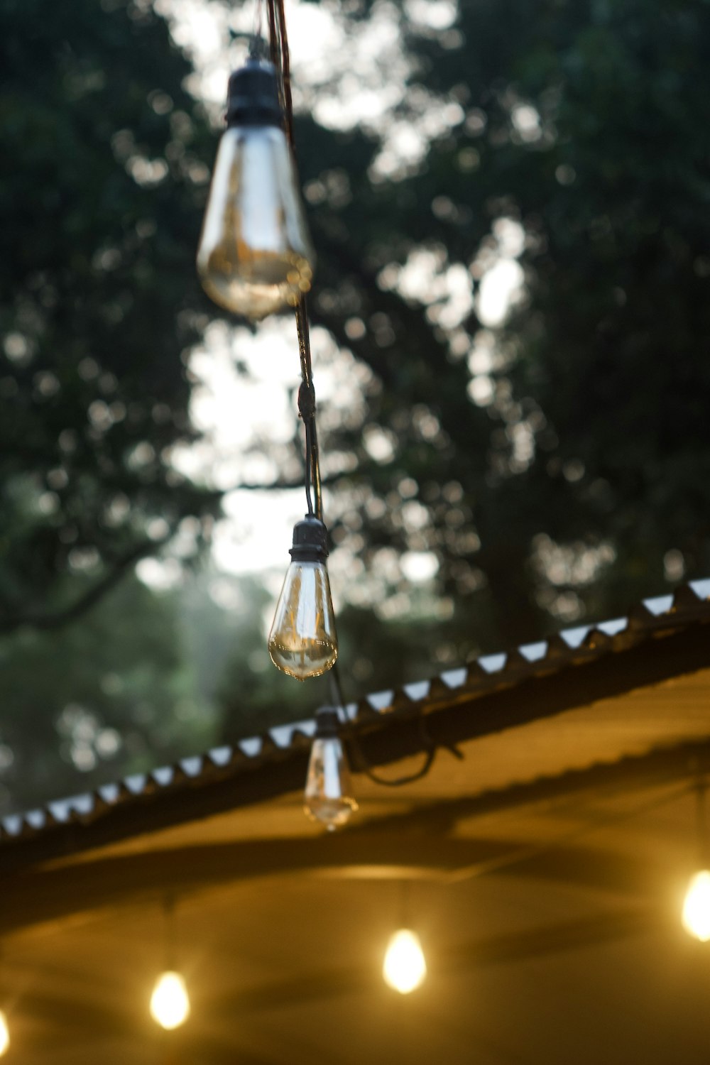 a couple of light bulbs hanging from a roof
