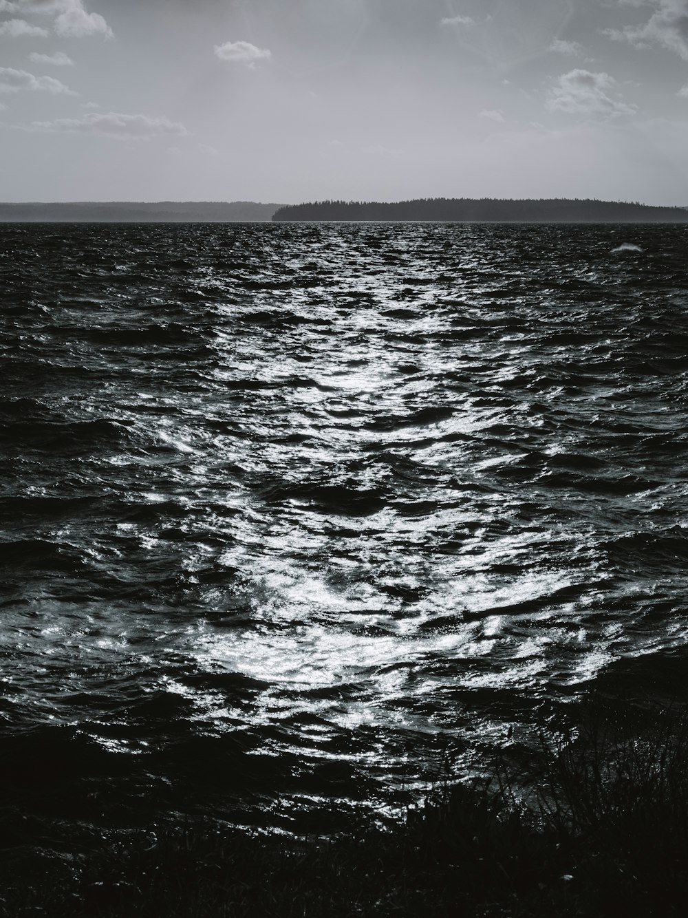 a black and white photo of a body of water