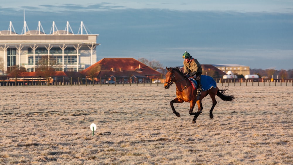 Un hombre monta a caballo en un campo