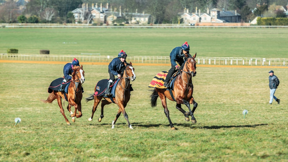 a group of men riding on the backs of brown horses