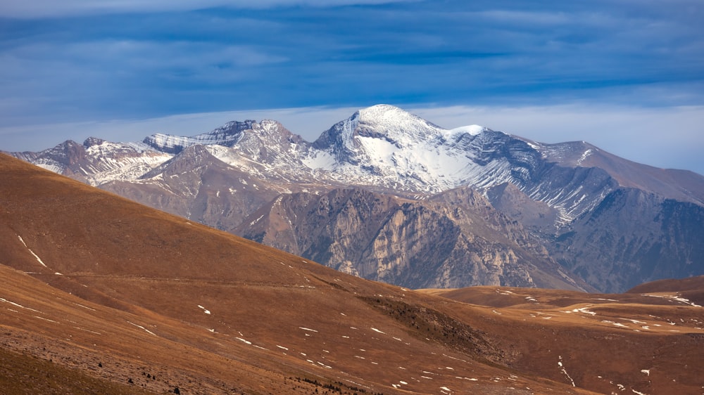 a mountain range with snow capped mountains in the background