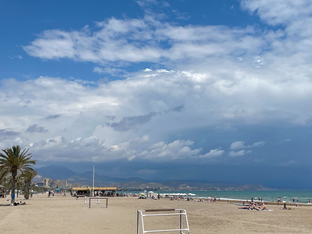 a beach with a volleyball goal and palm trees