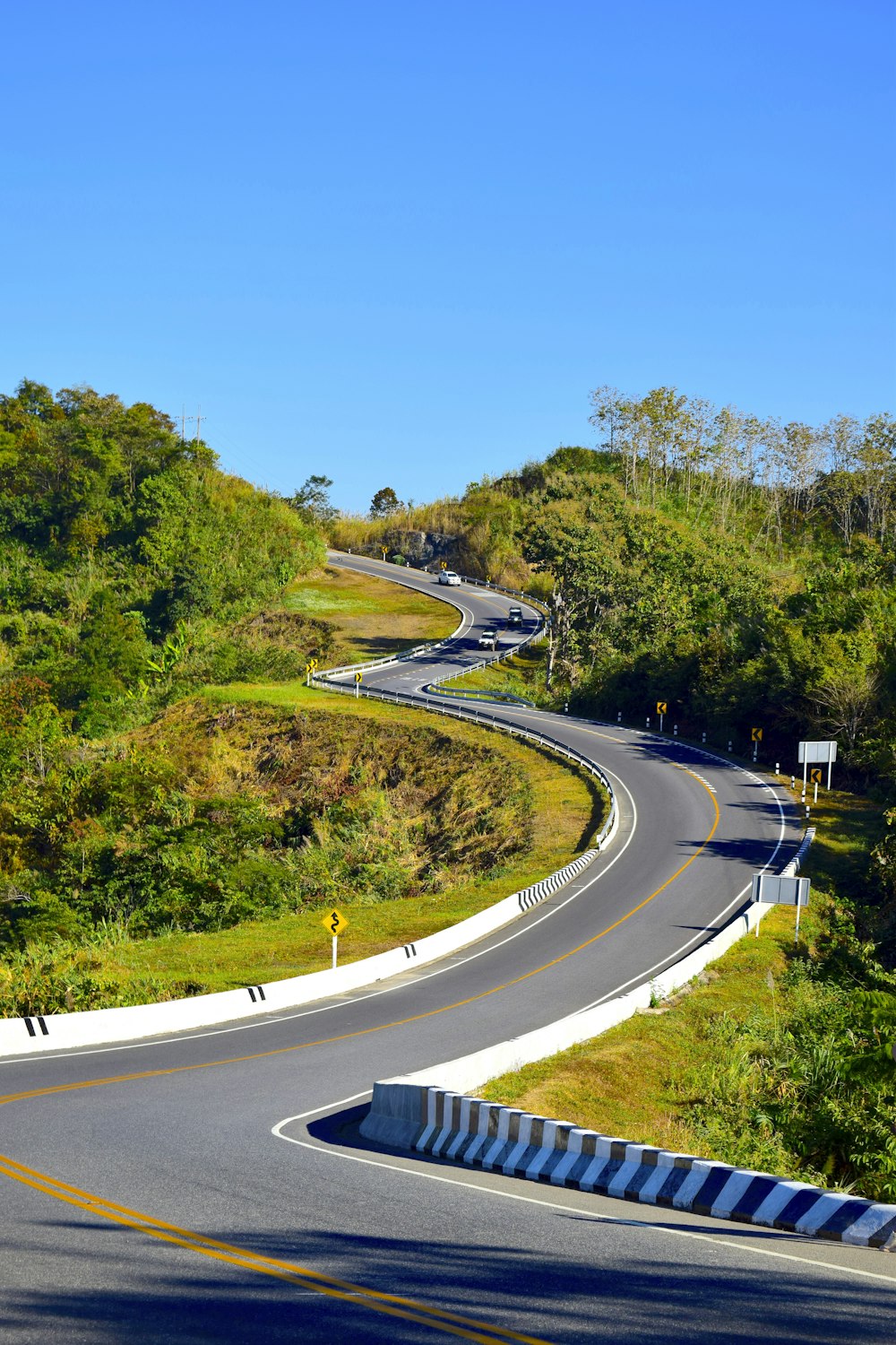 Una strada curva nel mezzo di una collina verde e lussureggiante