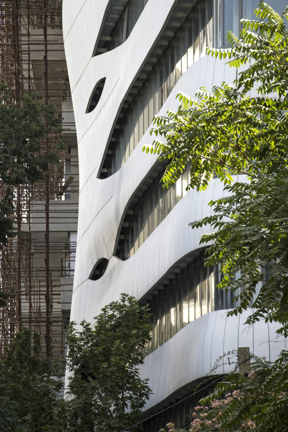 a tall white building with many windows next to trees